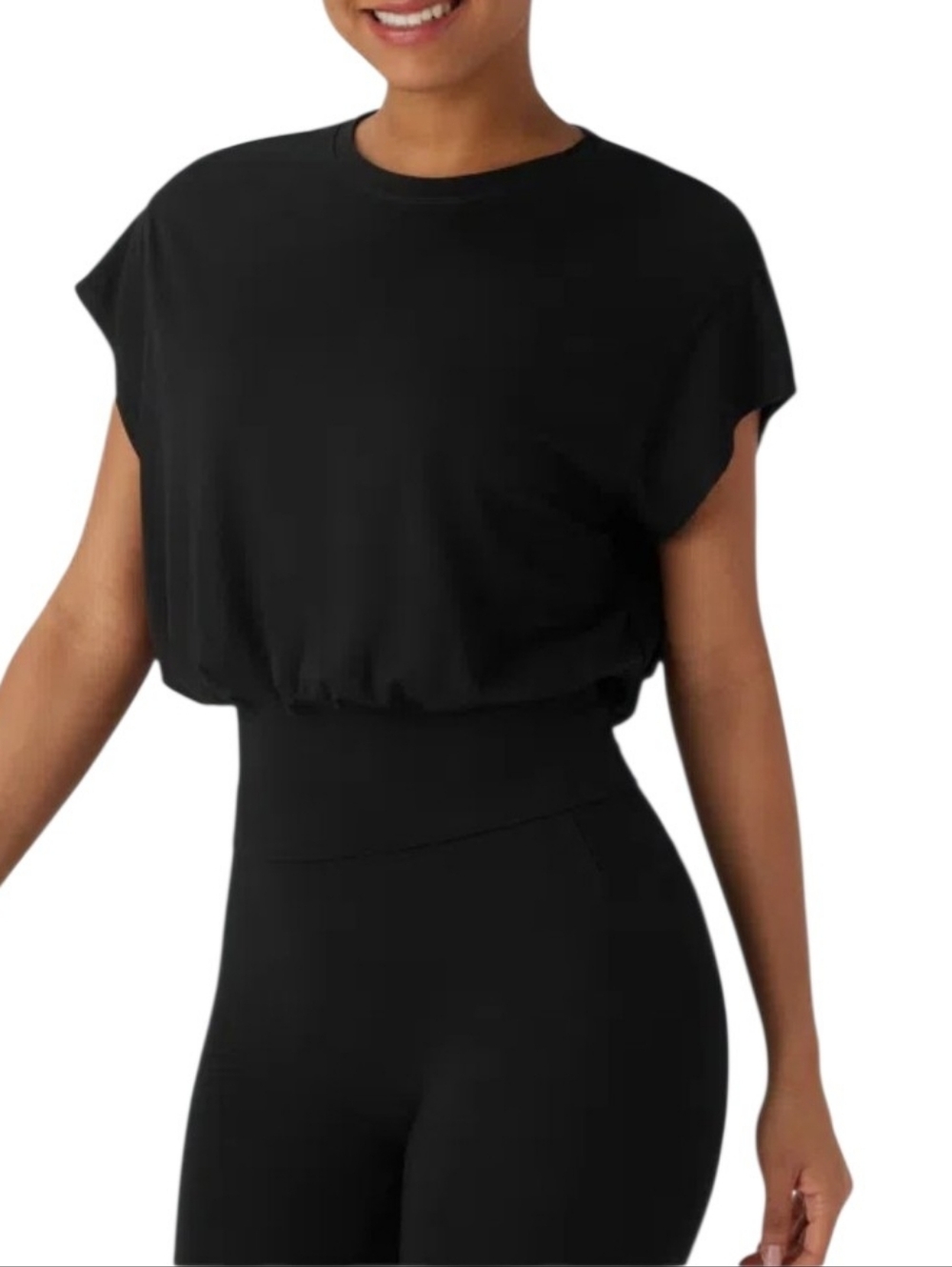 Black Work Top Elastic Waist Flowy Tee Business Casual Office Shirt Minimalist